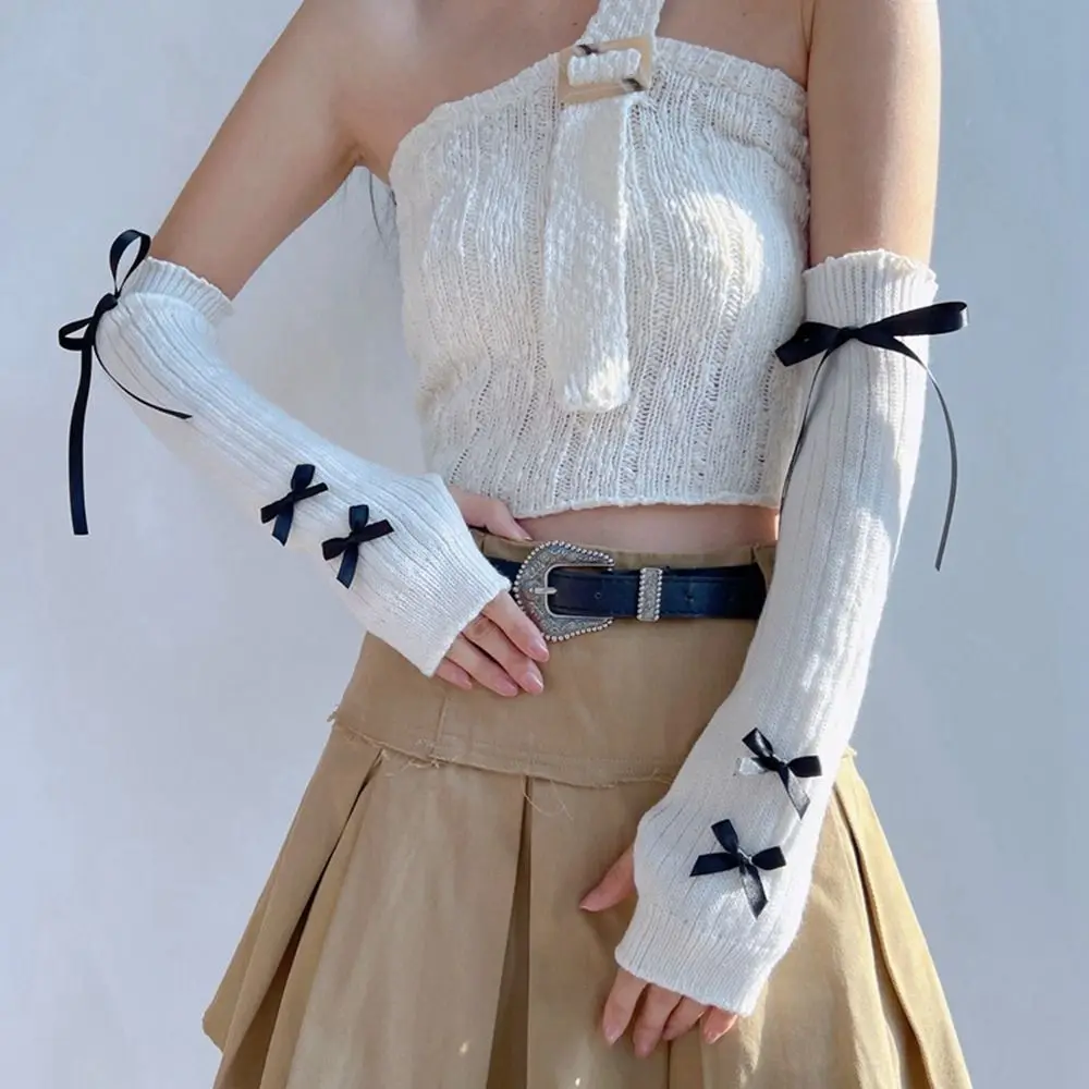 Elastico Y2K maniche calde nastro bowknot stile balletto scaldamuscoli lavorati a maglia con fiocco guanti lunghi dolci guanti senza dita