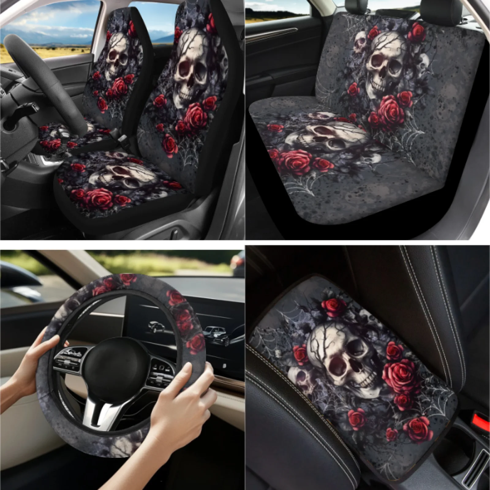Coloranimal Skull Rose 13 PCS Car Accessory Set with Elastic Steering Wheel Cover and Armrest Pad for Sedans