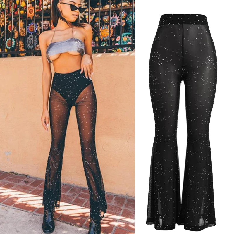 

2022 Summer New Outdoor Mesh Woman Y2k Flared Pants Transparent Sequins Sunscreen Breathable Pants Women's Casual Trousers