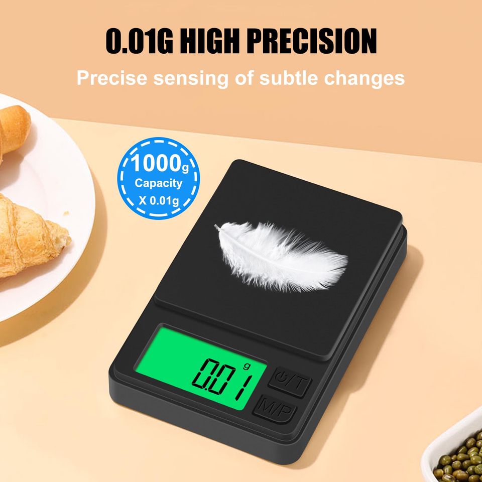  Precision Pocket Scale 1000g X 0.01g - Digital Gram Food, Jewelry Ounces/Grains Scale with Backlit LCD - Mini Scale for Travel 