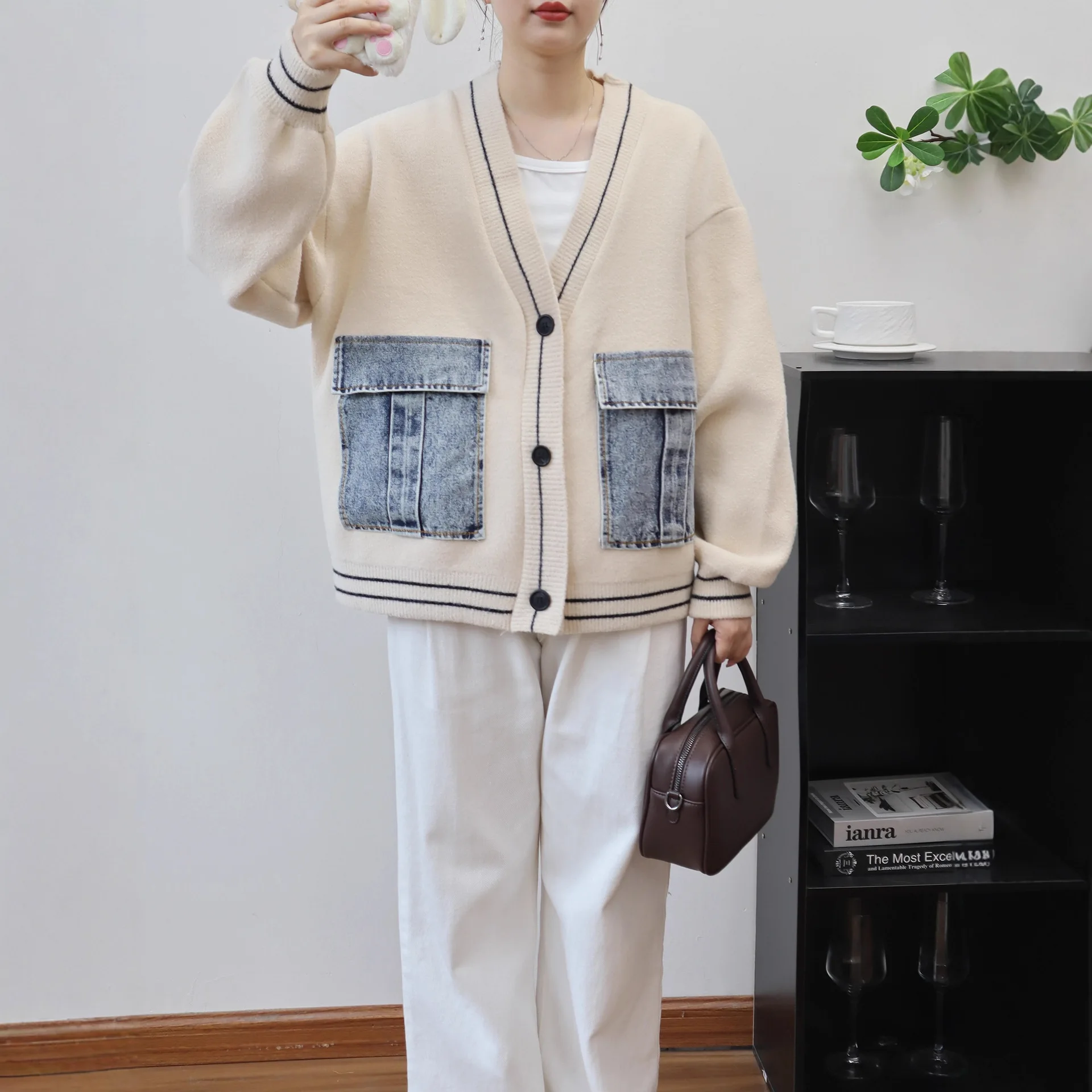 Women Blends Short Coats Casual Wool Jackets Denim Pocket Patchwork Long Sleeves Zipper Loose Office Lady Elegant 2025 Autumn - Image 3