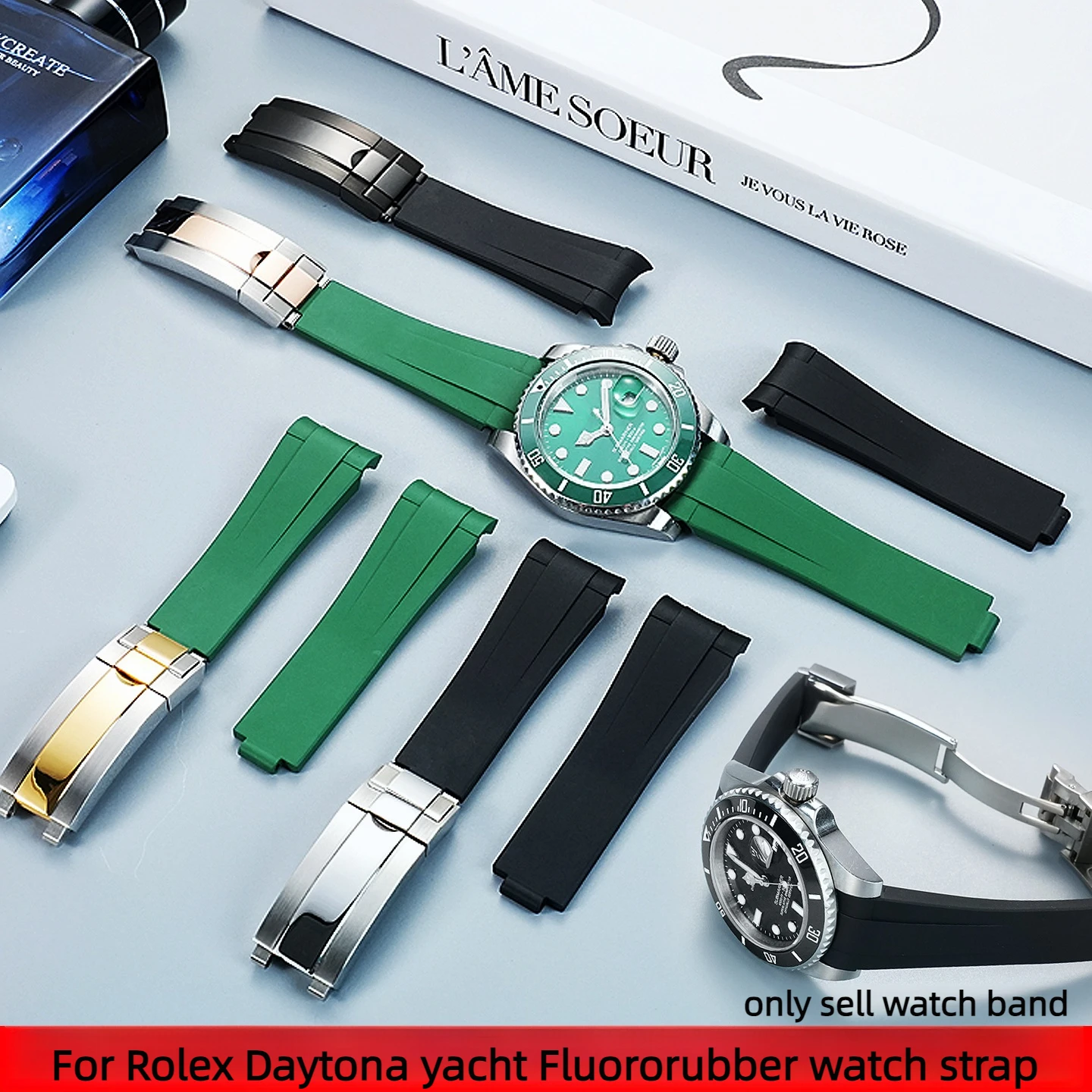 湾曲した-fkm-ストラップロレックスデイトナデイトジャストグリーンウォーターゴーストサブマリーナシリーズ-20-ミリメートルフッ素ゴム時計バンド男性スチールバックル