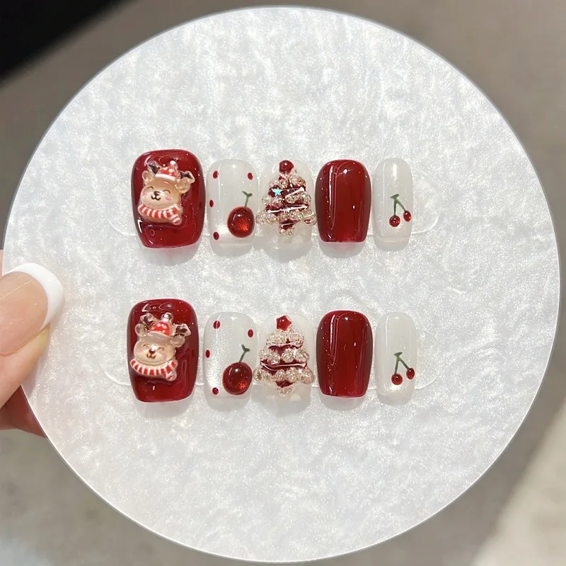 

10pcs Christmas Handmade Press on Nails 3D Red Cherry Christmas Tree Full Cover Nail for Women&Girls Removable Wearable Nail Art