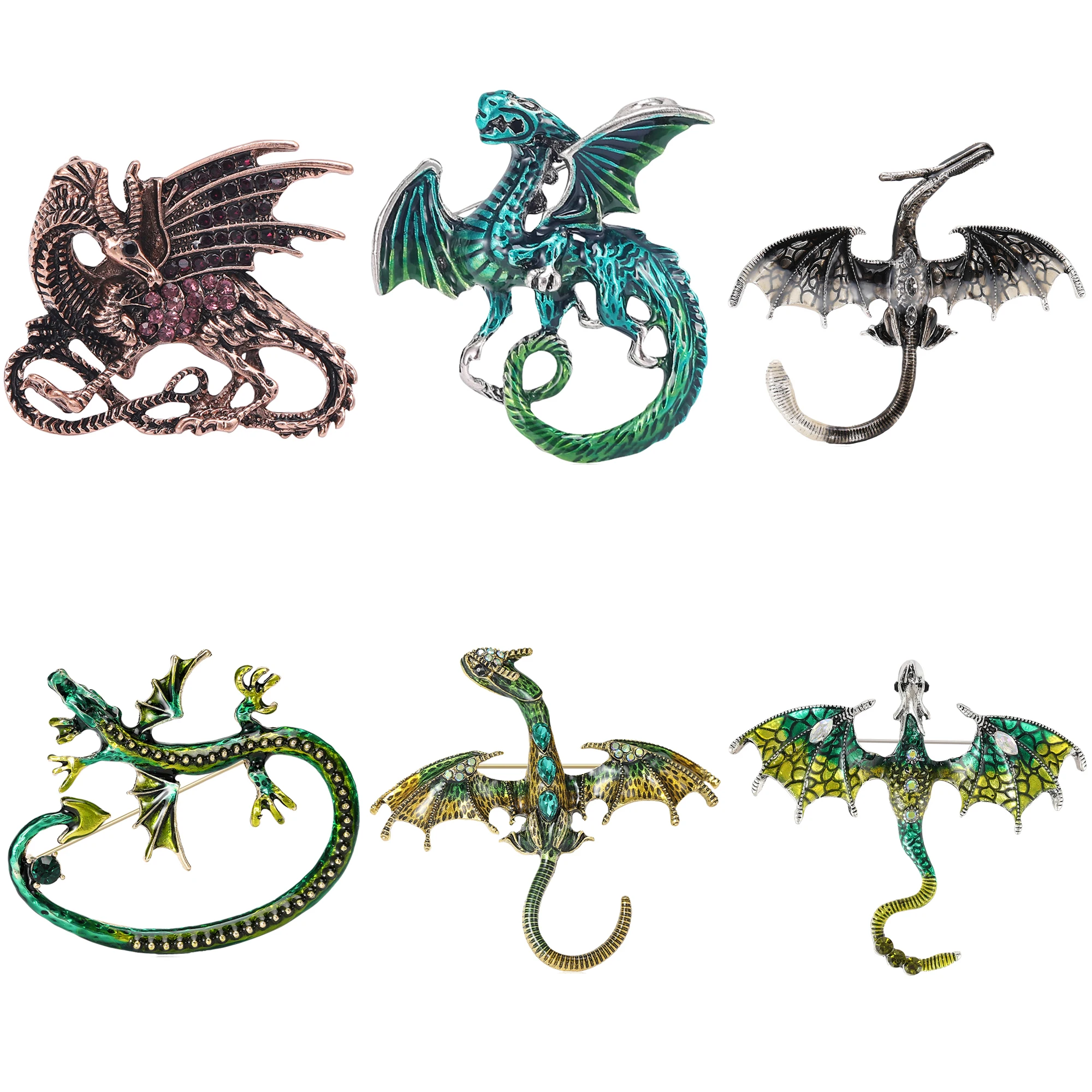 Enamel Dragon Brooches for Men Rhinestones Serpent Necklace Flying Dragons Pins Office Party Friend Gifts Accessories