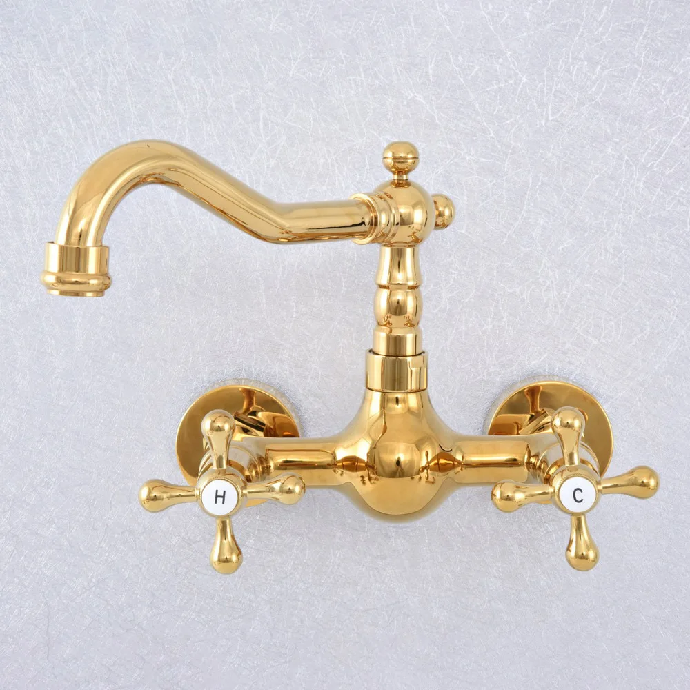 Luxury Gold Color Brass Double Cross Handle Wall Mounted Bathroom Kitchen Sink Faucet Swivel Spout Mixer Tap tsf621