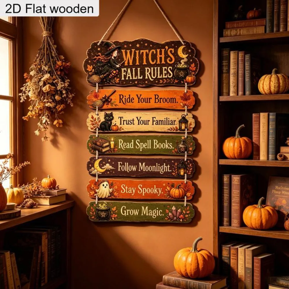 Autumn Halloween Wall Sign Set Vintage Witchy Wooden Plaques with Rustic Designs Farmhouse Decor for Home Porch Seasonal Gift
