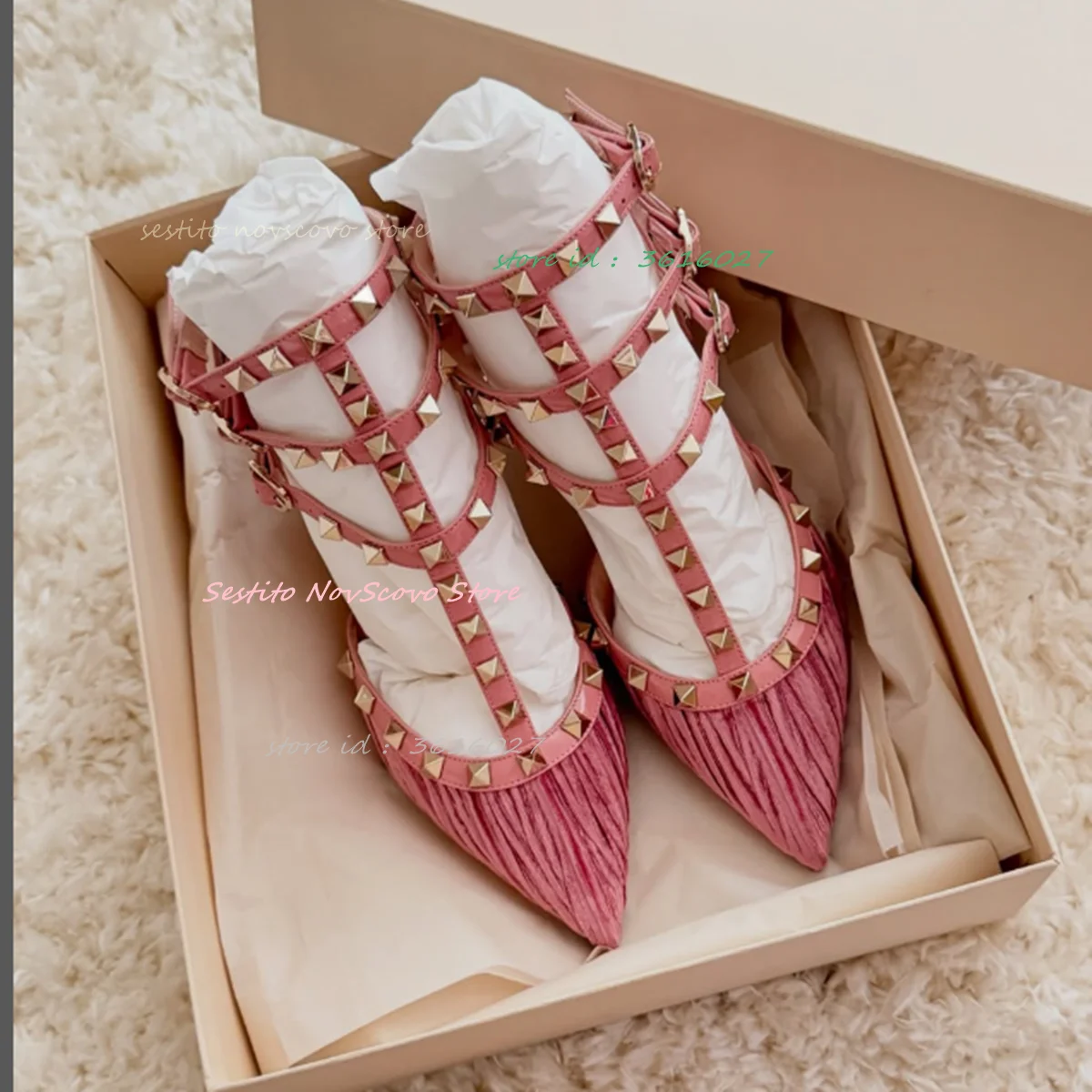 

Studded Sandals Pink Velvet Pleated Upper Pointy Toe T Straps Rivets Sandals Ankle Buckle Stiletto High Heels Sexy Women Shoes