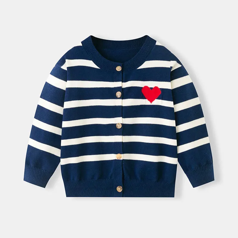 New Girls Spring Autumn Sweaters Cardigans Kids Casual Striped Heart Jacquard Warm Knitted Cardigan Sweater Toddler Knitwear