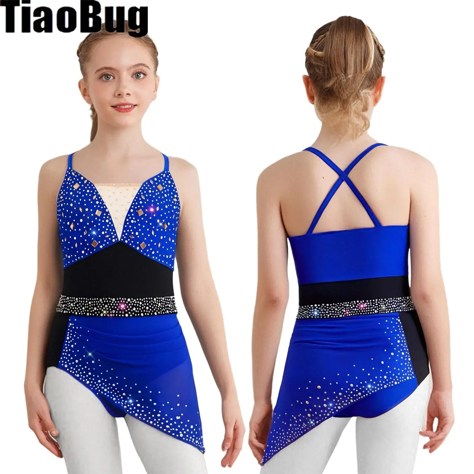 

Girls Ballet Gymnastics Figure Skating Leotard Dress Lyrical Dance Performance Costume Rhinestone Ruched Asymmetrical Mesh Dress