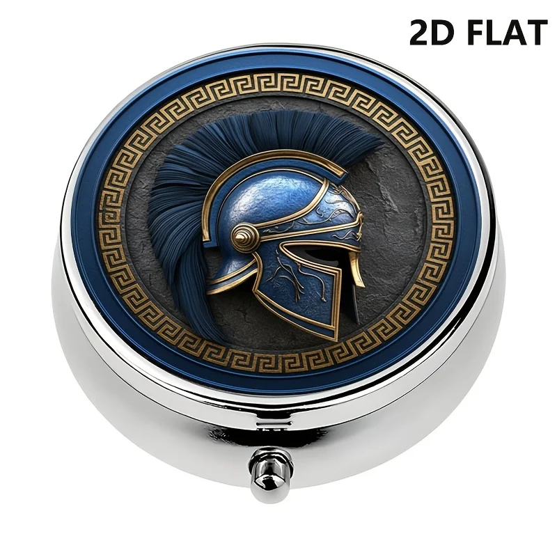 Flat, 1-piece organizer box, Greek helmet design decorative metal portable medicine or wallet holder, unique travel and office reminder