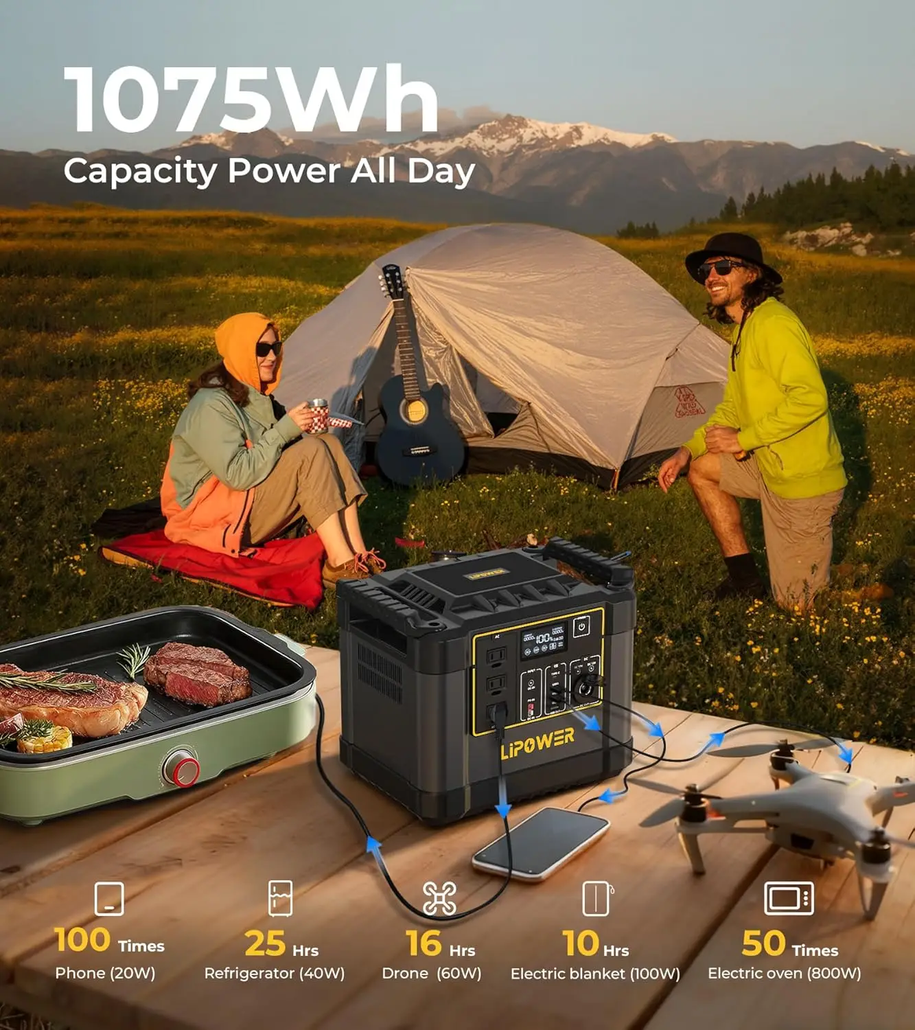 Por  1075Wh   Station with 100W     AC Outlet PD USB Multiple Output for Outdoor Camping Home Backup Emerg