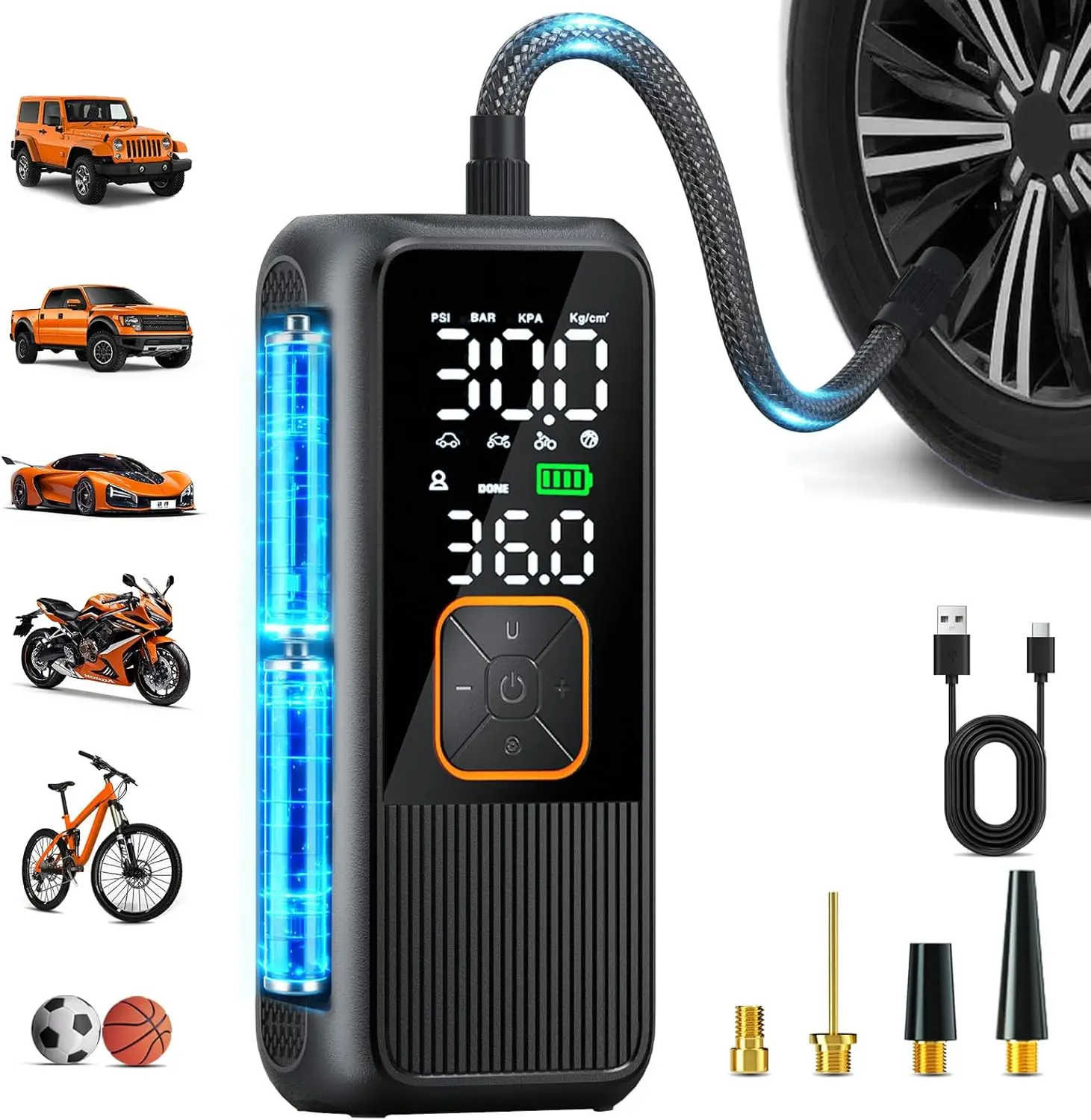 

Portable Tire Inflator 150PSI Air Compressor with Digital Gauge & LED Light, Smart Auto-Off for Car Motorcycle Bike