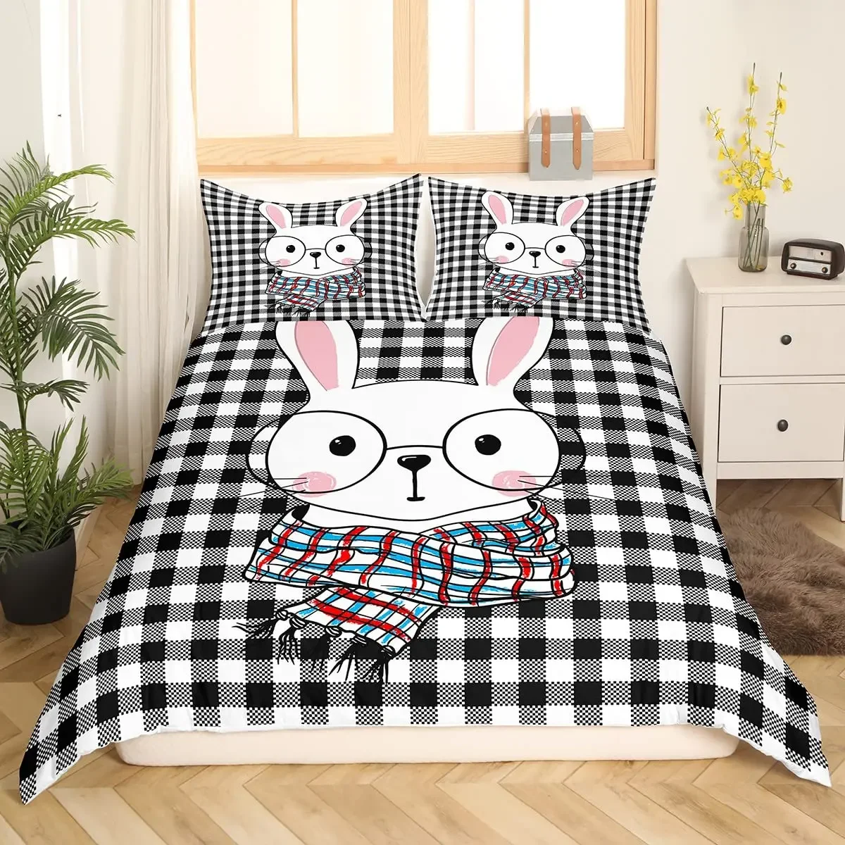 3D Nordic Style Black and White Grid Cute Animal Duvet Cover King Size Polyester Quilt Cover Pillowcases for Home Bedroom Decor