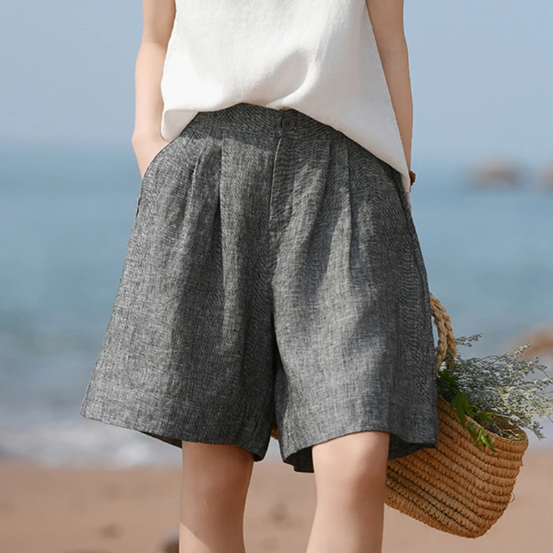 

100% Linen Women Knee Length Wide Leg Pants New Arrival 2025 Summer Vintage Style Plain Color Female Casual Short Pants M1638