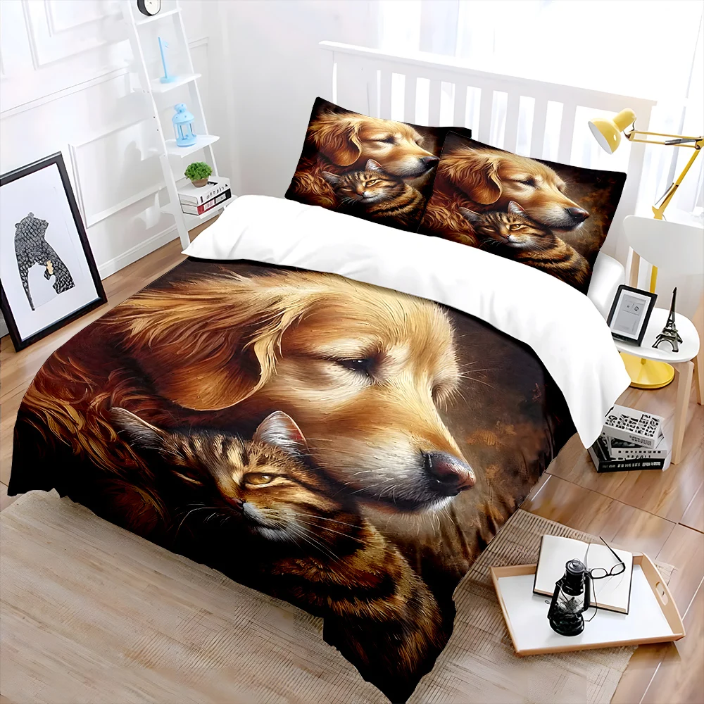 Warm dog and cat embrace painting Print Soft Comfortable Duvet Cover Bedding Set Included 1*Duvet Cover  2*Pillowcases