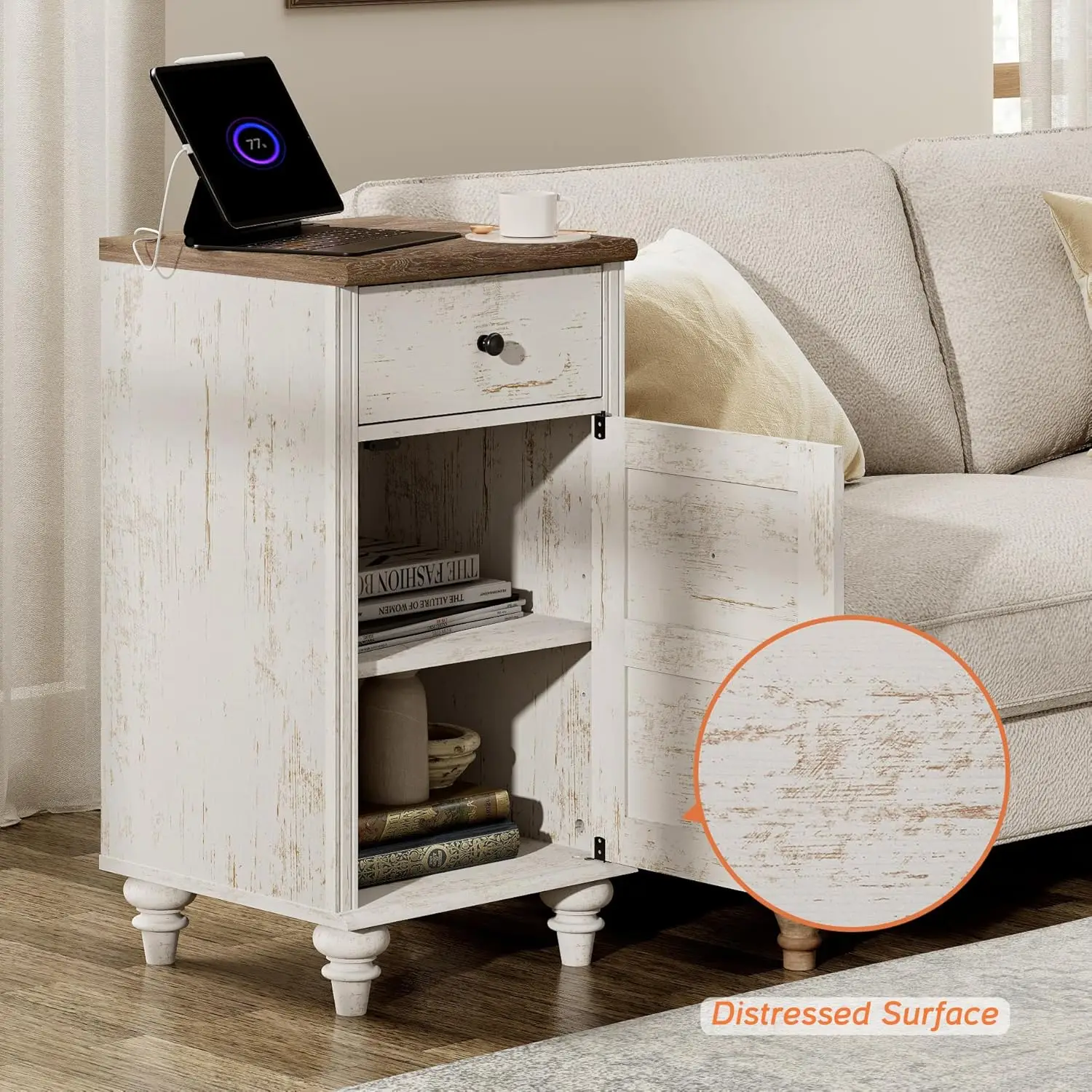 Set of 2 End Table with Charging Station, Wood Nightstands with Drawer and Storage Cabinet, Modern Side Tables, Customized - view 6