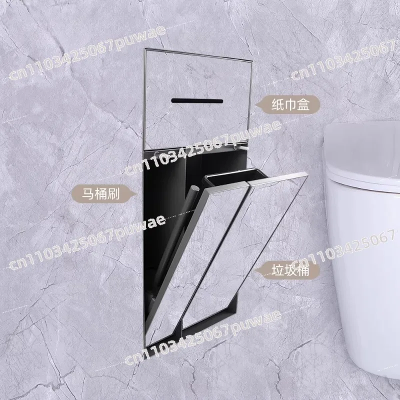 304 Stainless Steel In - Wall Recessed Niche with Embedded Trash Can, Toilet Brush Holder and Tissue Box for Bathroom