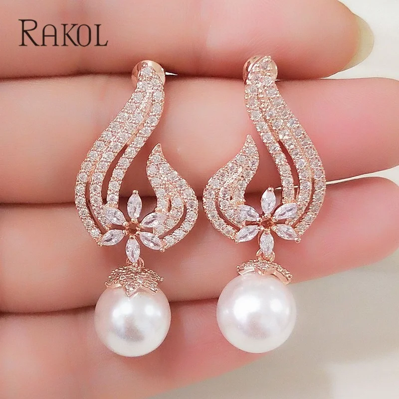 RAKOL Vintage CZ Crystal Imitation Pearls Heart Flower Bridal Wedding Drop Earrings For Women Rose Gold Color Gift Jewelry RE385