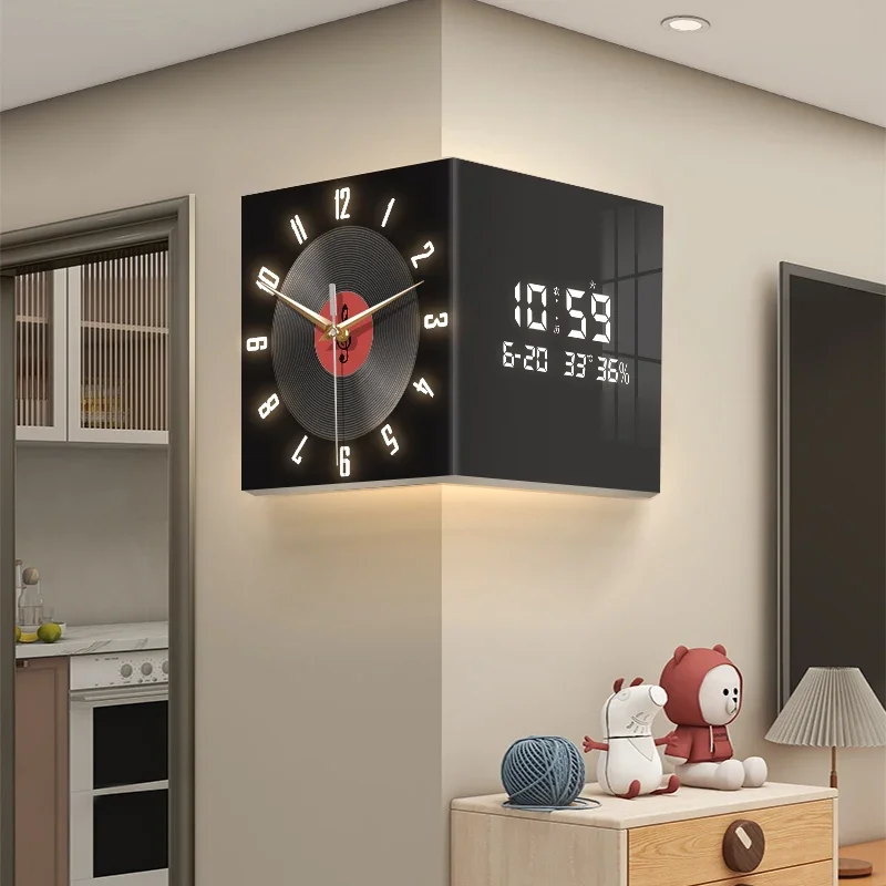 New Corner Double-sided Wall Clock Vintage Record Corner Clock Perpetual Calendar Electronic Decorative Wall Clock