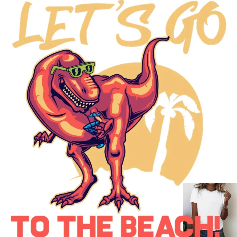 Summer Beach Style Dinosaur Pattern Heat - Transfer White Ink Iron - on, Suitable for T - shirts, Canvas Bags, Casual Vacation