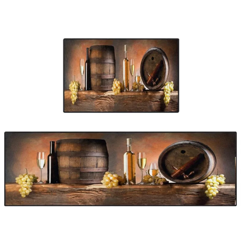 Long Runner Mat 2 Piece Set Retro Wine Barrel Kitchen Carpet Fruit Glasses Home Doorway Bedside Rugs