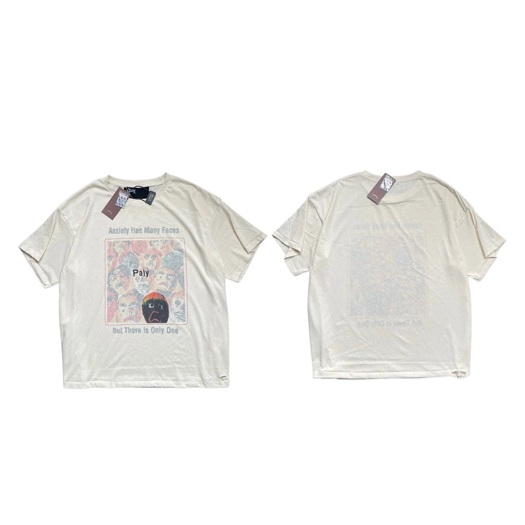 26ss Paly Men Vintage Reversible Distressed Tee Abstract Multi Face Art Graphic Print Oversized Loose Street T-shirt