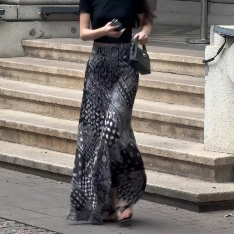 New Fashion Printed Satin Skirt Women Summer Bohemian Casual Slim High Waist A-line Long Skirts Holidays Beach Jupe Clothing