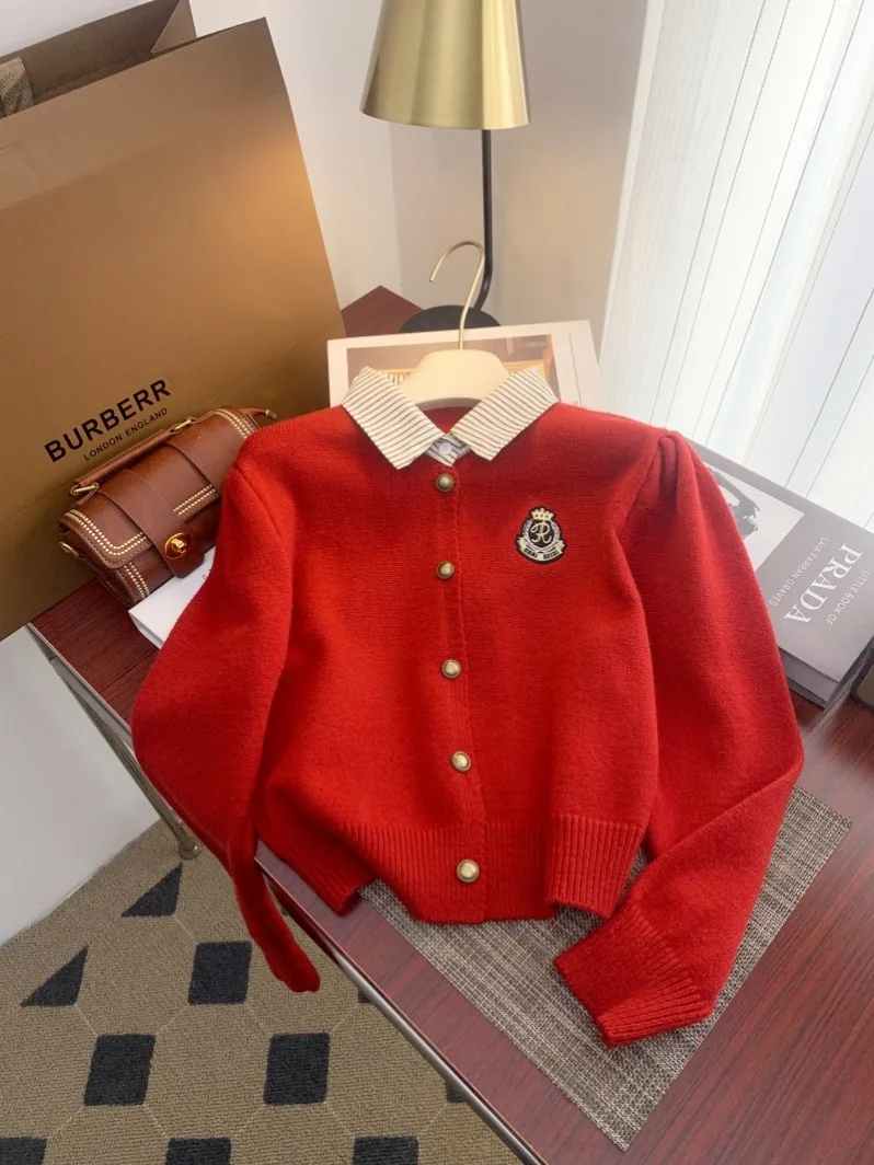 Autumn Winter Preppy Style French Solid Color Knitted Cardigan Women Oversized Sweater Polo Collar Long Sleeve Korean Streetwear