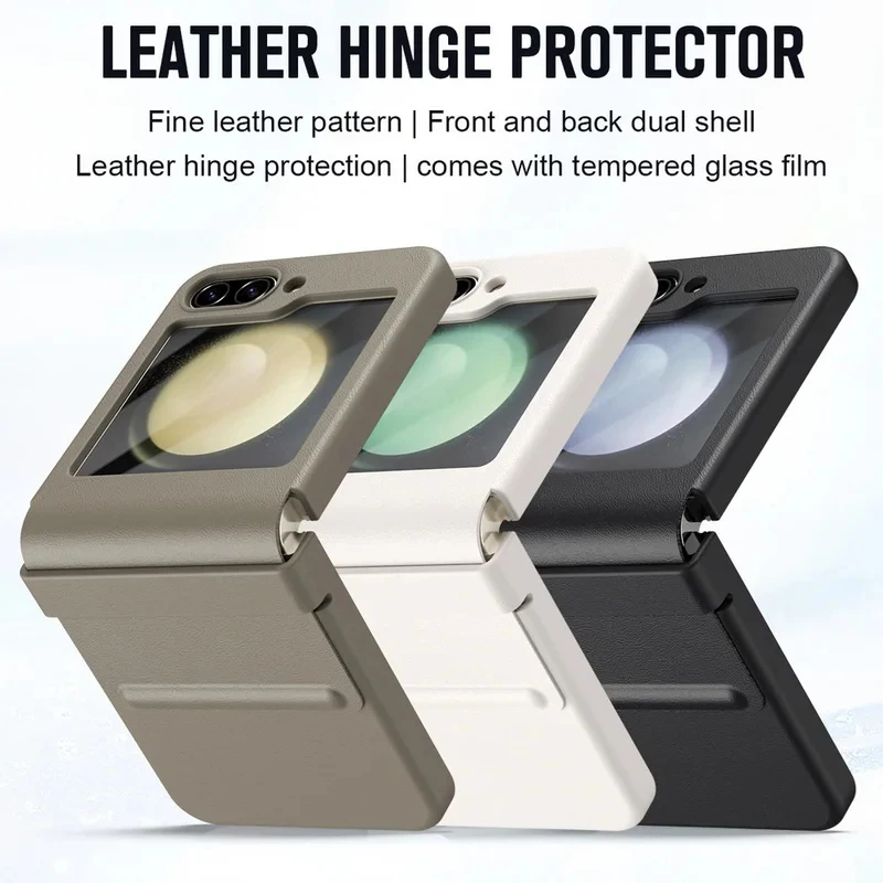 Retractable Delicate Leather Grain Hinged Glass Protective Film Case For Samsung Z Flip 7 FE Galaxy Z Flip 6 5 4 Protect Cover