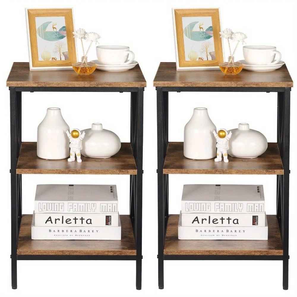 

Set of 2 Metal Side Tables Sofa End Tables Home Storage Display Rack Rustic
