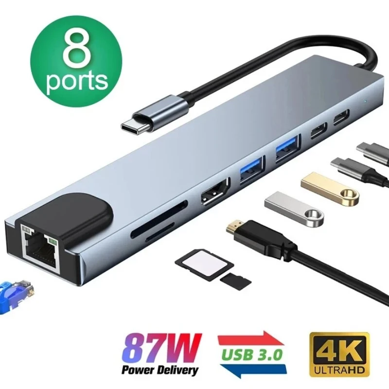 USB C Hub 8 In 1 Type C 3.1 To 4K HDMI Adapter with RJ45 SD/TF Card Reader PD Fast Charge for MacBook Notebook Laptop PC DIY