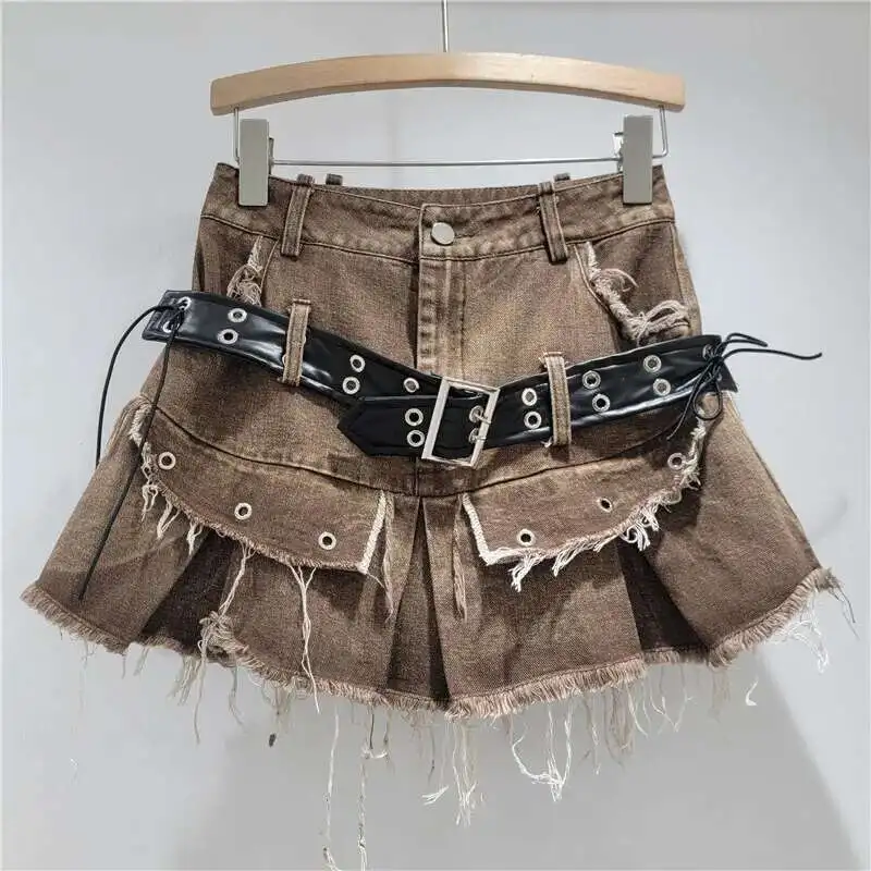 

Do-old Vintage Fringed Tassel Design Hollow Out Pocket Belt Denim Short Shirts Hotsweet Cool Mini Skirt Summer