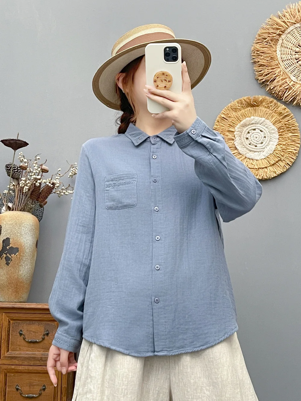New 2026 Autumn Women Cotton Yarn Long Sleeve Shirt, Turn-down Collar Embroidery, Mori Girl Commute Soft Loose Blouse T6O626CC