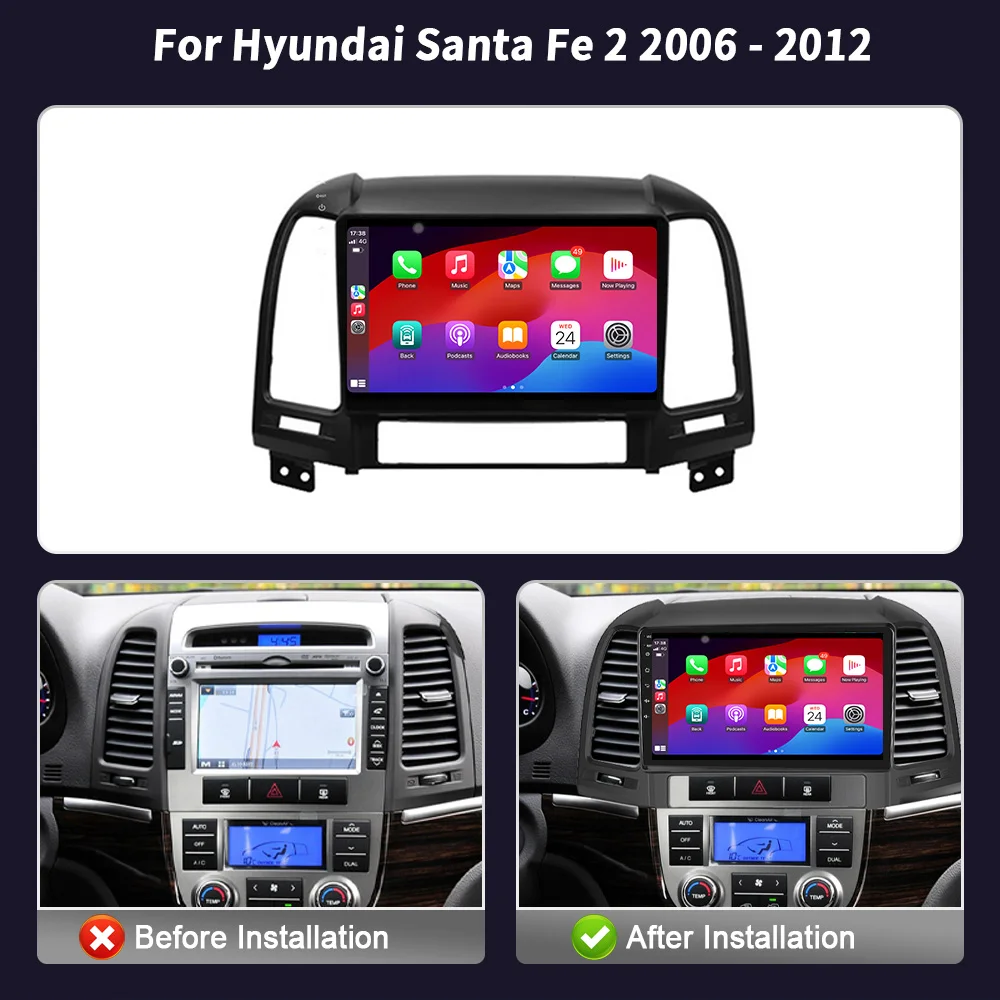 Android Wireless CarPlay tela estéreo para Hyundai Santa Fe 2, rádio de carro WiFi, leitor multimídia, navegação, 2006-2012