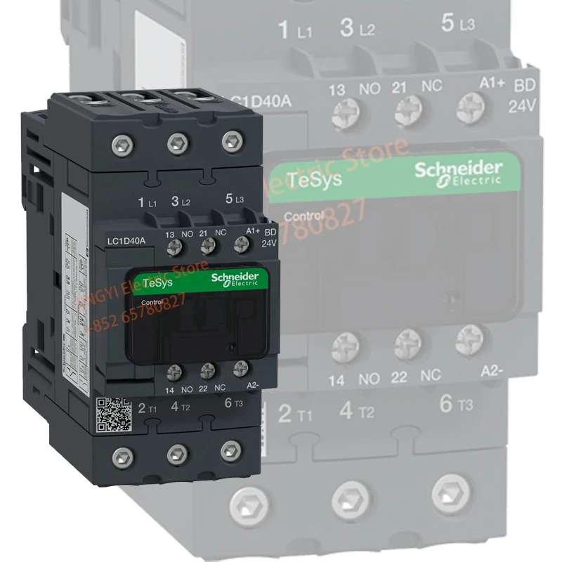 New Original Schneider LC1D40ABD TeSys Deca Contactor (DC coil) BD, 3P, 40A, AC-3 18.5kW 400V, 1NO+1NC aux contact, 24V DC coil