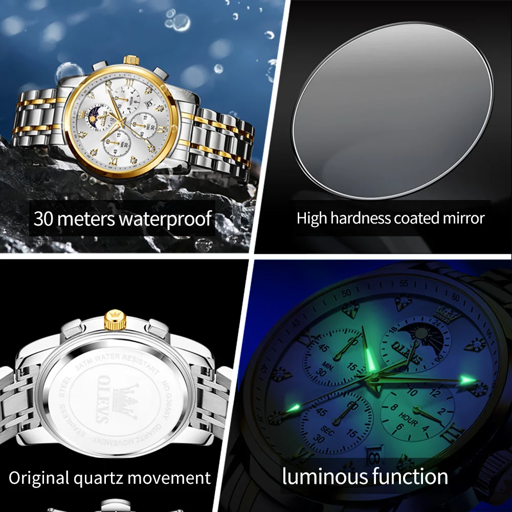 OLEVS 3655 Moon Phase Classic Three Eye Dial Men\'s Watch Stainless Steel Watch for Male Butterfly Buckle Waterproof Quartz watch