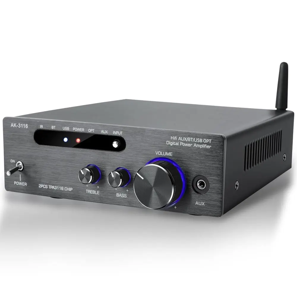 2000W Compact Stereo Amplifier, 100W x 2 Channels, Bluetooth 5.3, TPA3116 Chip, Digital Power Amplifier with Opt/AUX/USB Inputs