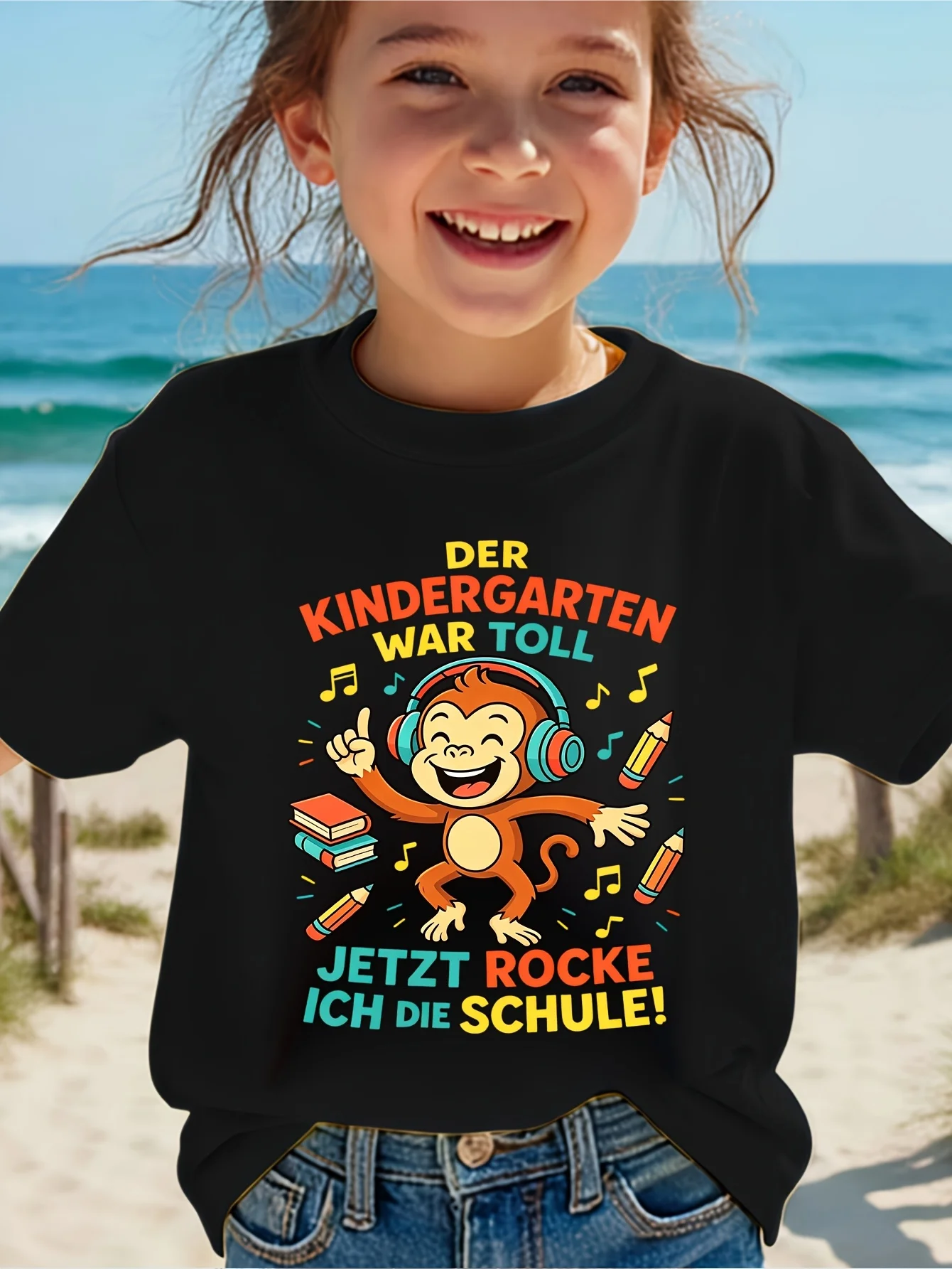 Cute German Monkey School Book Pencil Graphic Family Matching T Shirt Boys Girls Short Sleeve Tees Parent Kid Summer Tops