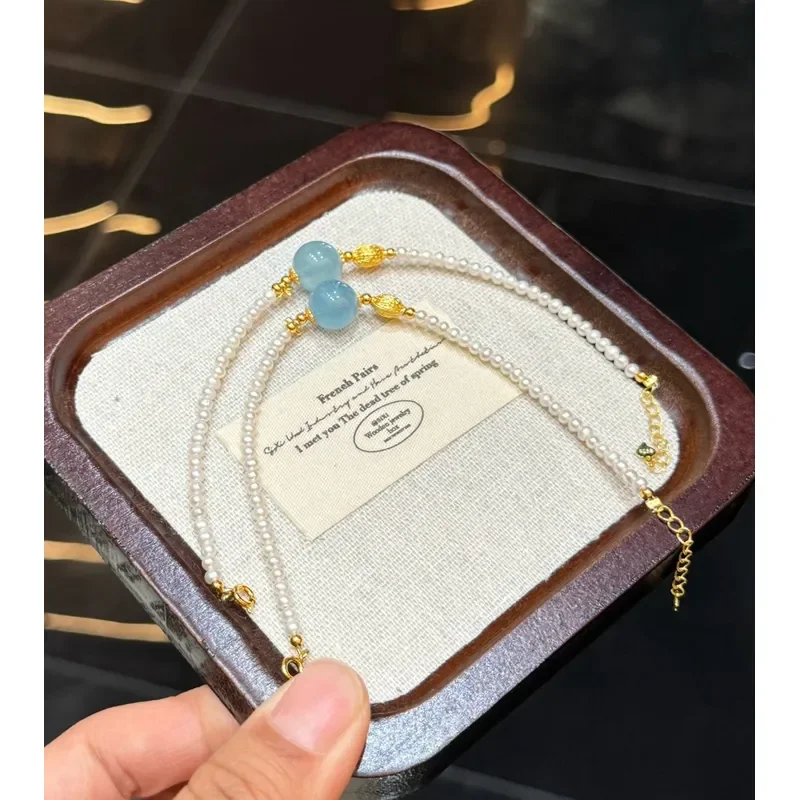 Aquamarine with pearl necklace women's natural aquamarine transfer bead necklace bracelet for girlfriend gift