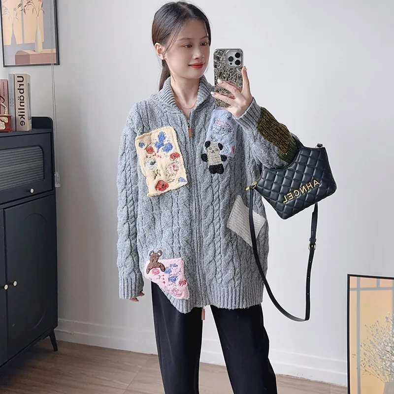 

Cardigan Women Sweaters Coats Zipper Full Sleeve Jumpers Coat Y2k Streetwear Elegant Splice Knit Work Open Stith Autumn Winter