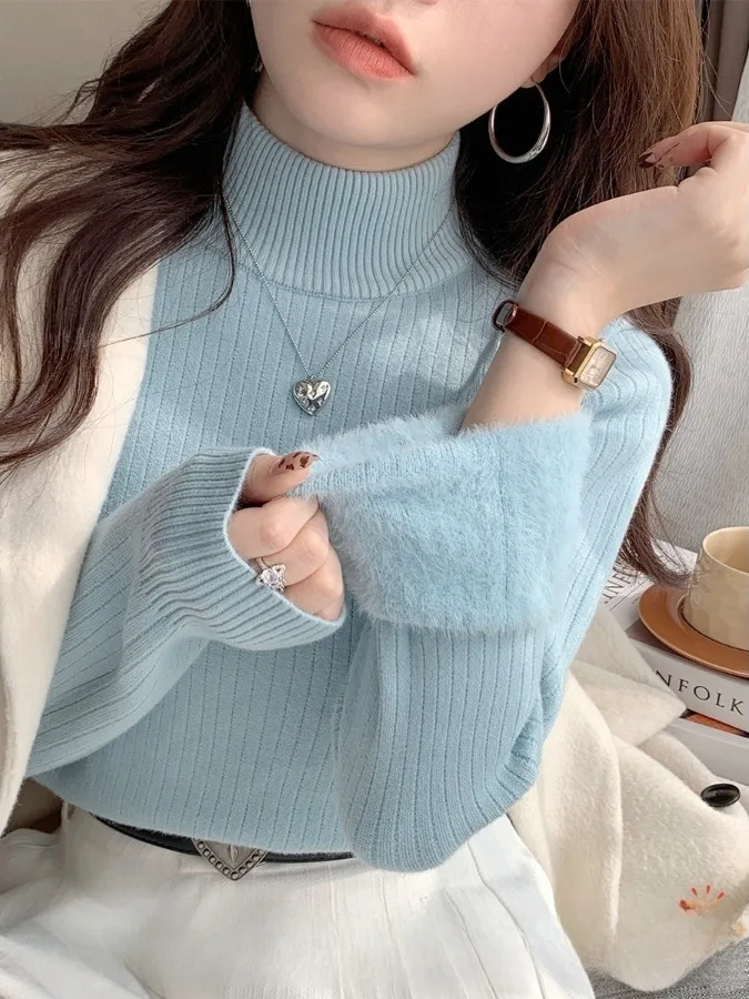 

Синяя женская трикотажная кофта с высоким воротом и флисовой подкладкой, мягкая, в корейском стиле, с длинным рукавом, базовая, для ношения под одеждой, на осень-зиму