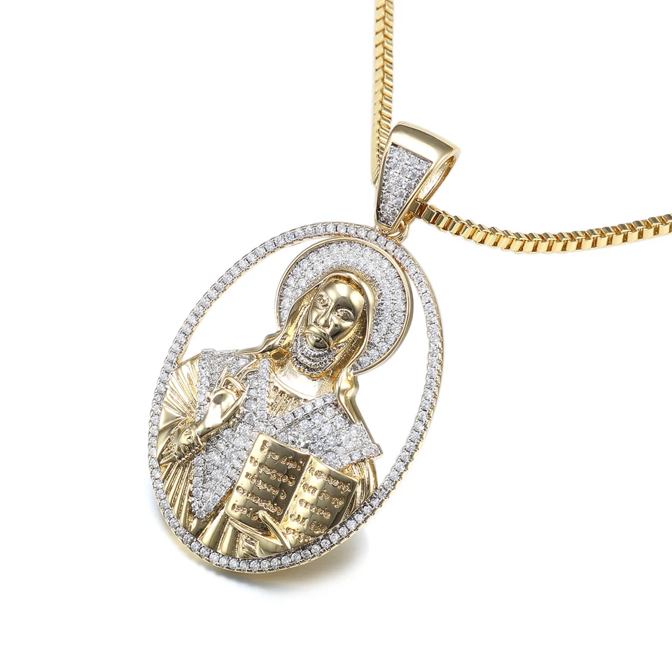 

VANAXIN Iced Out Jesus Necklace for Men Gold Color Cubic Zirconia Hip Hop Rock Party Jewelry Round Pendant