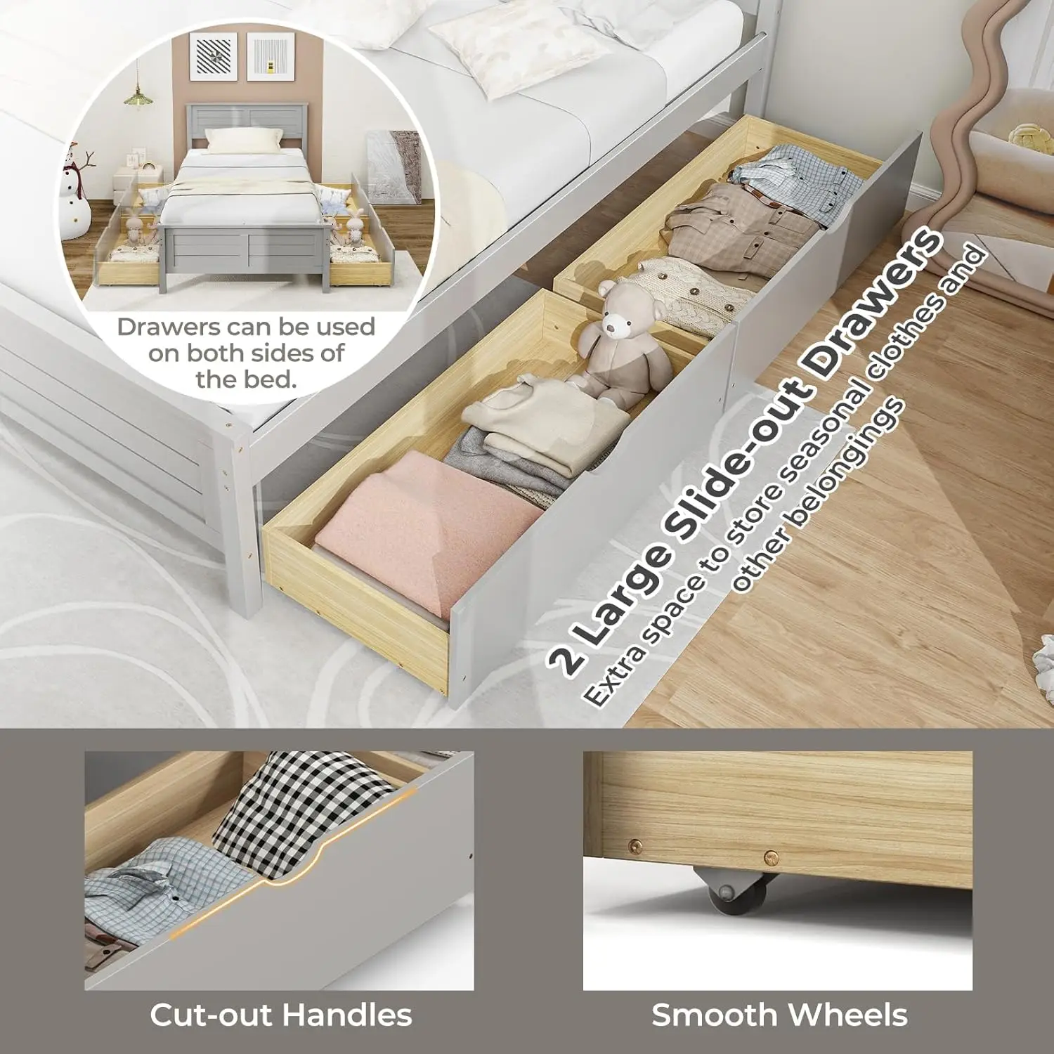 Wood Twin Bed with 2 Storage Drawers, Solid Wood Platform Bed with Headboard, Wooden Slats Support Mattress Foundation, No Sprin