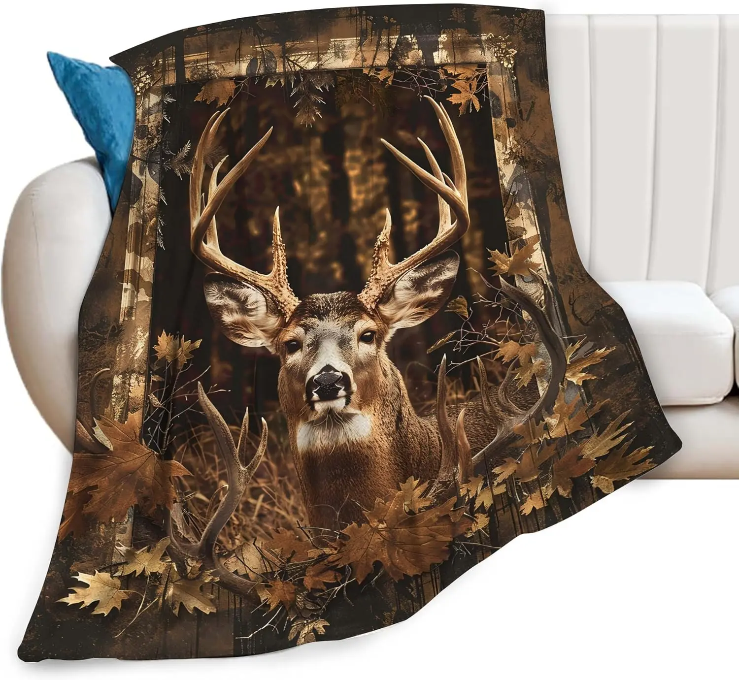Vintage Frame Whitetail Deer Maple Leaf Forest Print Flannel Blanket Soft Throw For Sofa Bedroom Indoor Daily Home Decor Gift