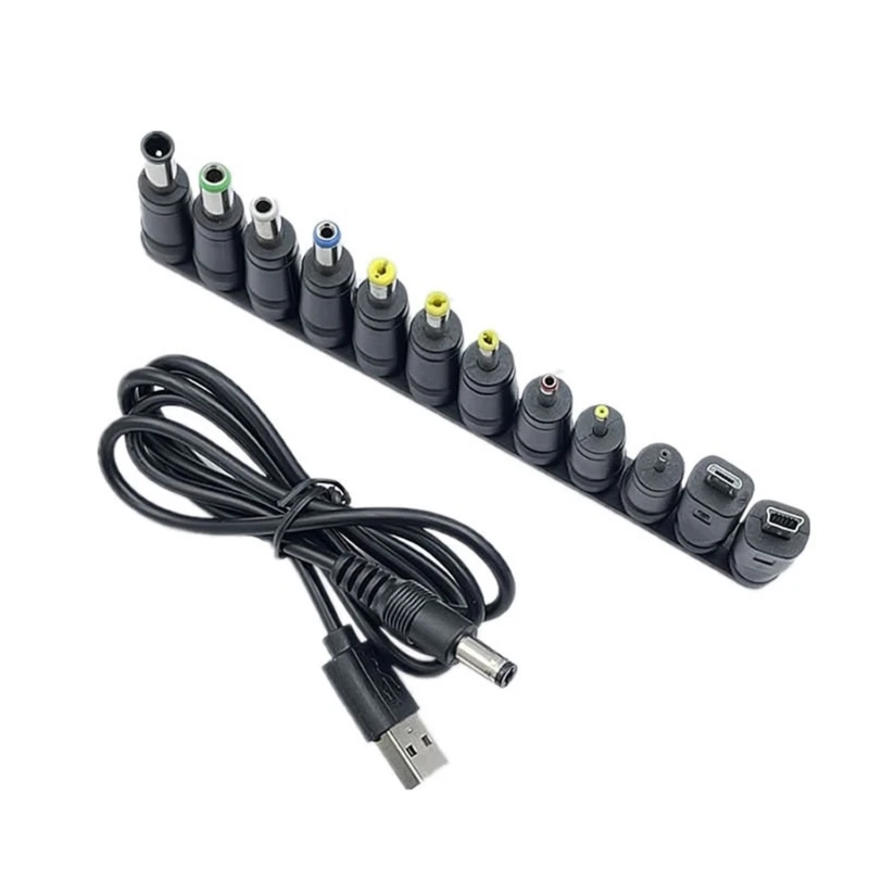 Universal USB to 5V DC5.5x2.1mm Power Cord Charging Cable with 12pcs Interchangeable Plug Adapters Micro USB Mini USB