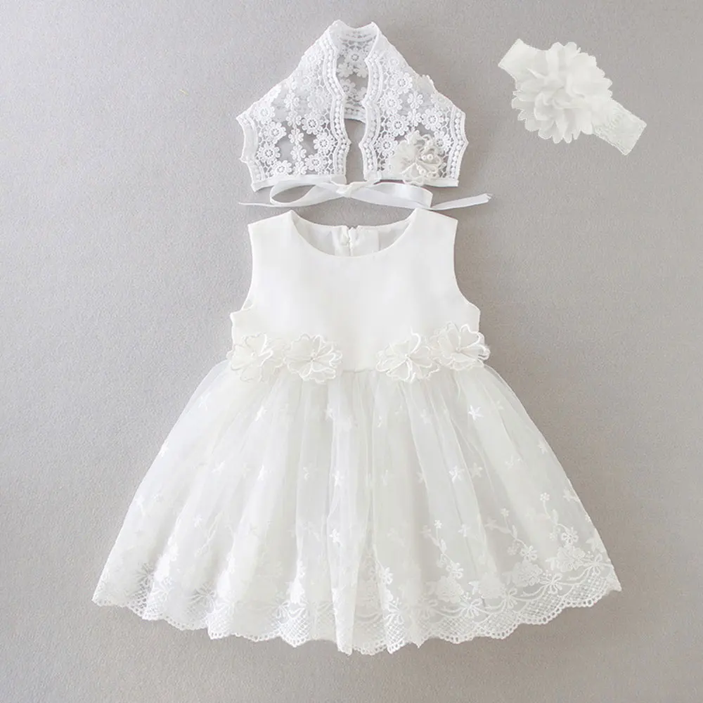 HETISO White Baby Dresses with Hat Lace Flower 1 Year old Birthday Christening Dress Princess Toddler Girl Clothes roupa de bebe