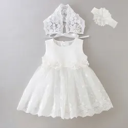 HETISO White Baby Dresses with Hat Lace Flower 1 Year old Birthday Christening Dress Princess Toddler Girl Clothes roupa de bebe