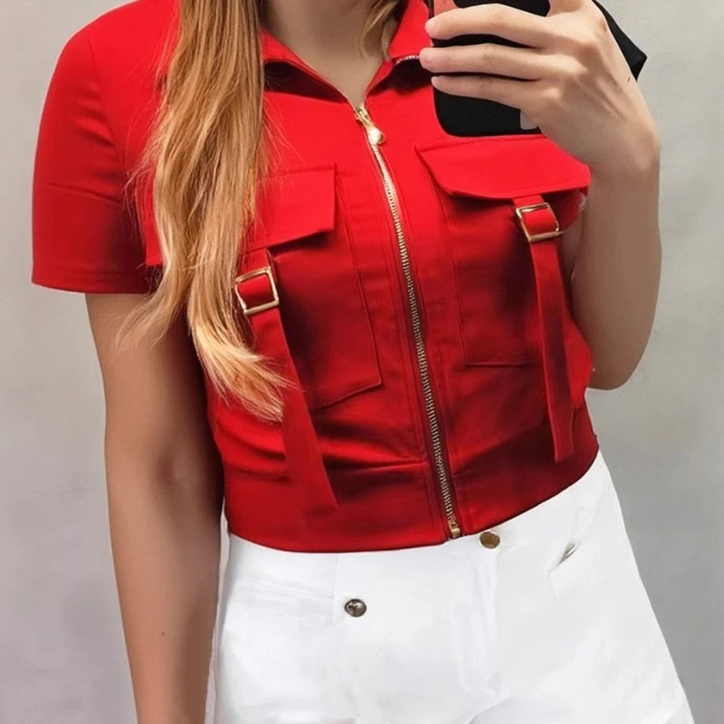 

Women Top Fashion Red Short-sleeved Casual Tooling Pocket Lapel Cardigan Top Zipper Belt Front Lapel Zipper T Shirt 2025 Summer