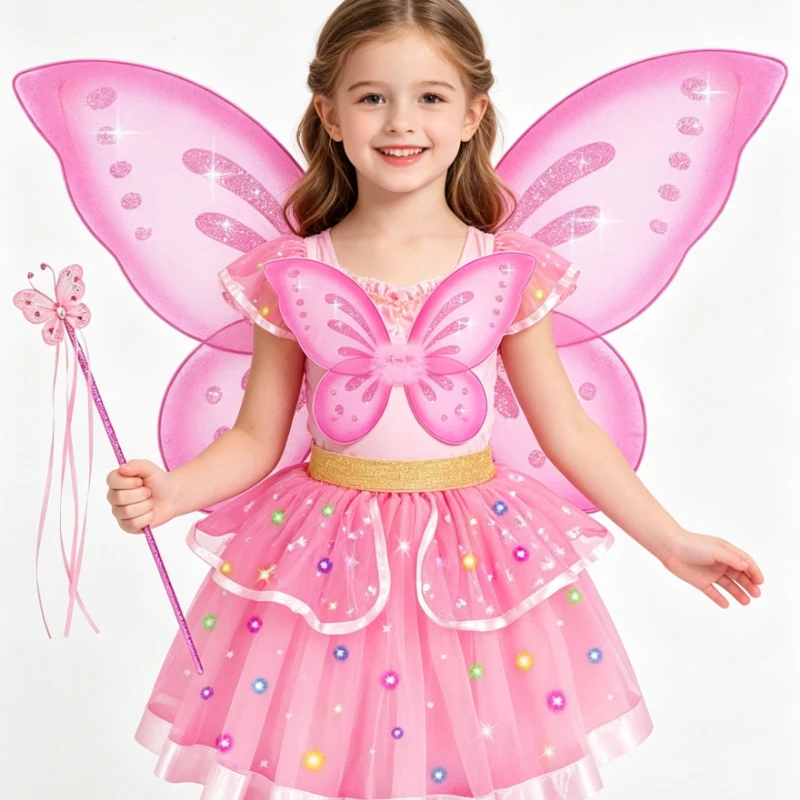 Pastel Pink Fairy Accessory Pack Toddler Glitter Mesh Butterfly Wings Layered Rainbow Dot Tutu Skirt Ribbon Holiday Party Outfit
