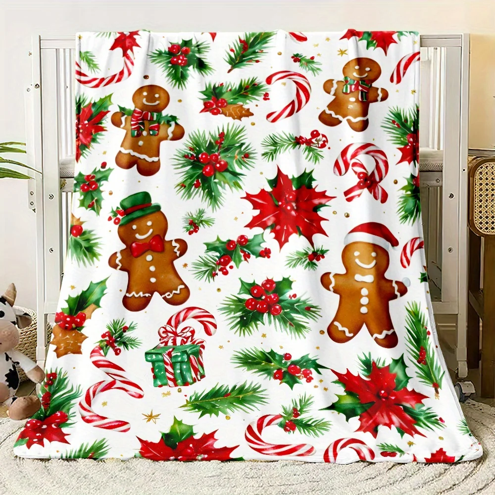 Christmas Gingerbread & Holly Pattern Fleece Throw Blanket - All-Season Chunky Knit Polyester, Machine Washable, Uncharged, Soft